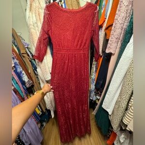 Women's Retro Floral Lace 2/3 Sleeve Wedding Party Bridesmaid Maxi (S, Wine Red)